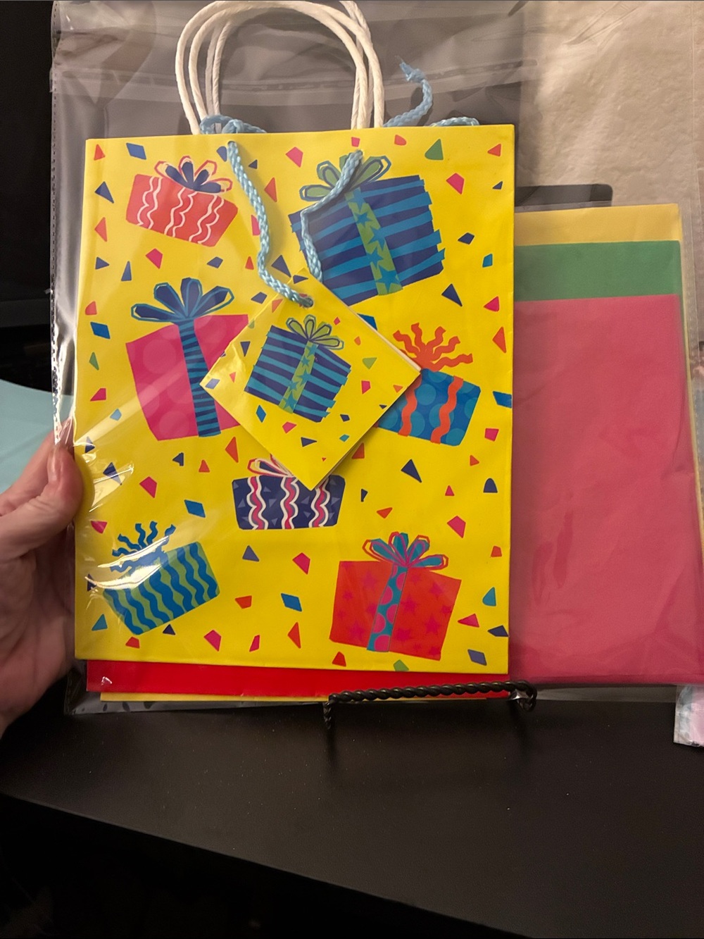 3 Gift Bag Sets-Bright Yellow Gift Bag with Colorful Present and Solid Red Yel